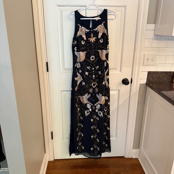 Frock & Frill Navy Pink Bird Floral Embroidered Beaded Maxi Dress - 45624 - Picture 3 of 13